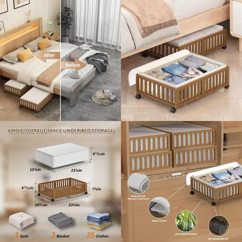 

2 Pack Bamboo Rolling Underbed Storage Boxes for Shoes, Clothes, and Blankets