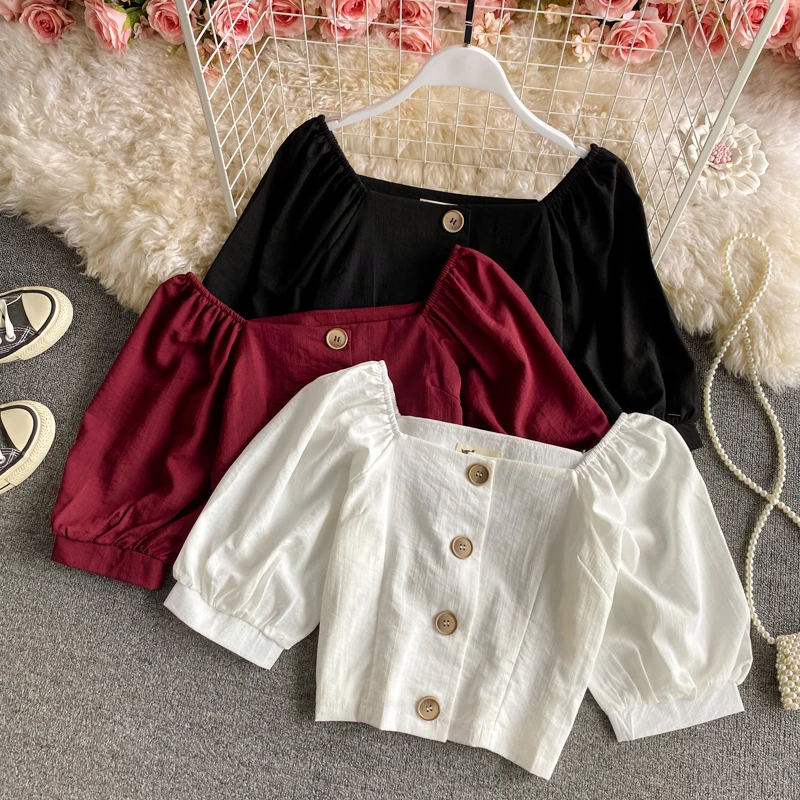 

Retro Square Collar oulder Bared ort Sve ort Length White irt Loose Fit Bubble Sve Pure Color Commute Sle Wom...