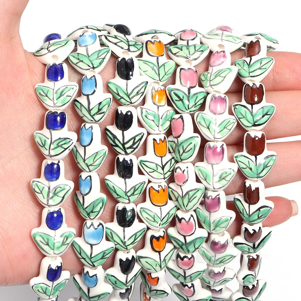 2pcs/lot Tulip Flower Ceramic Beads Multicolor Hand Painted Loose Porcelain  Beads For Jewelry Making DIY Bracelets Accessories