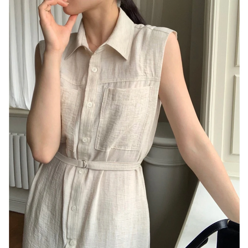 REALEFT Sommer Ärmellose frauen Hemd Kleider Solide Einreiher Elegante Taschen Gerade Kleid Weibliche 2024 Neue