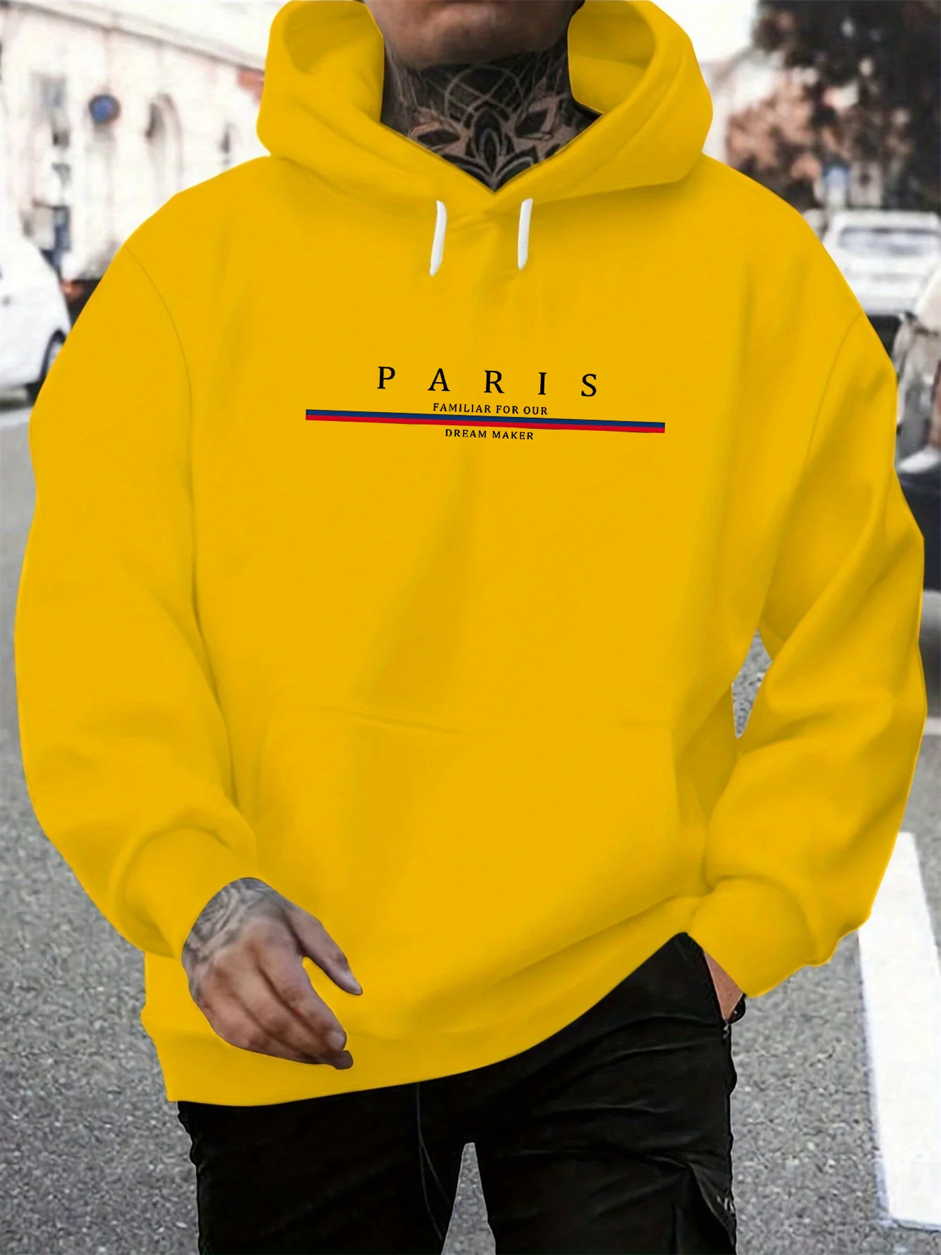 سويت شيرت رجالي للخريف والشتاء كاجوال فضفاض بقلنسوة مطبوع عليه حروف باريس بلوفر دافئ بأكمام طويلة