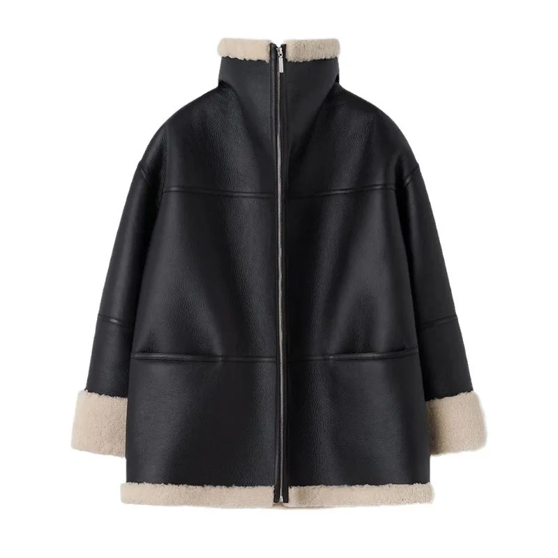 Women's Autumn and Winter Fashion Solid Color Lapel Zipper Pocket Long Sleeve Casual Cashmere Leather Fur Collar Leather Coat