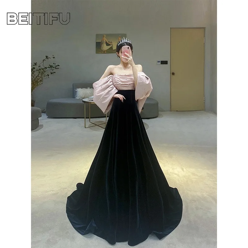 

BeitifuBaby винтажное женское черное вечернее платье с жемчужными украшениями и объемными рукавами, свадебное бальное платье для банкета, свадебные платья, Vestidos