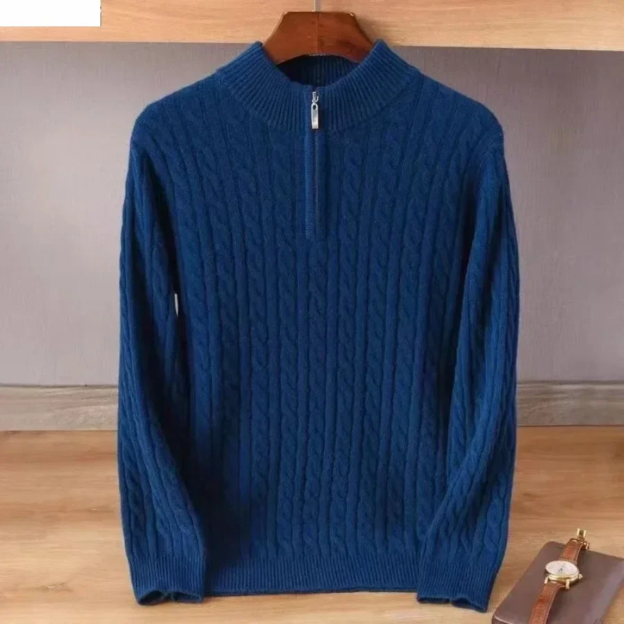 Sweter Rajutan Hangat Pria Atasan Hangat Ritsleting Leher Berdiri Musim Gugur Musim Dingin Pulover Rajutan Lengan Panjang Jacquard Solid Pria