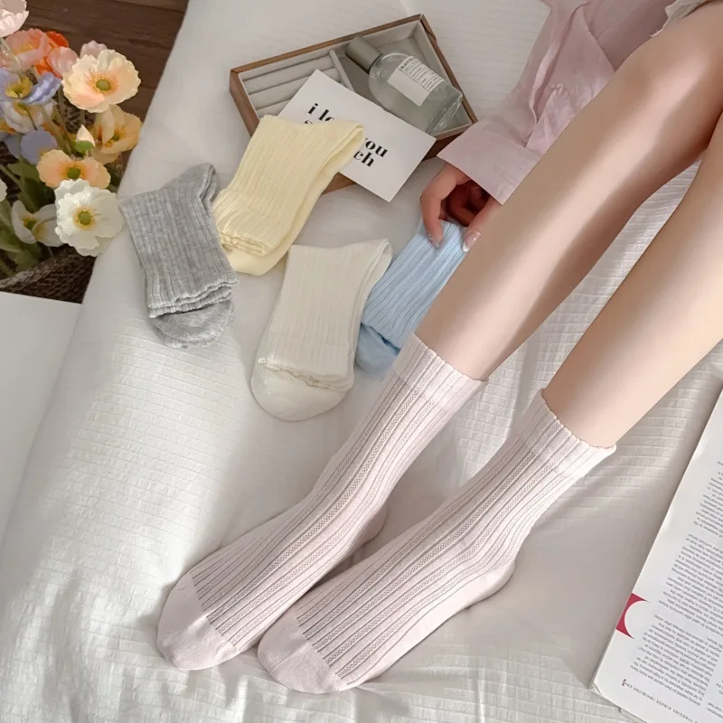 Korean Style Women Socks Summer Cotton Thin Breathable Middle Tube Socks Solid Color White Gray Pink Blue Yellow Long Socks Sox image 2