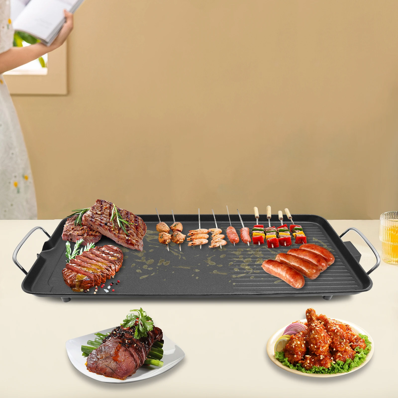 

1500W Electric Barbecue Grill Large Hibachi Griddle Indoor Outdoor Portable Teppanyaki Grill Panel Tabletop BBQ Grill Plate