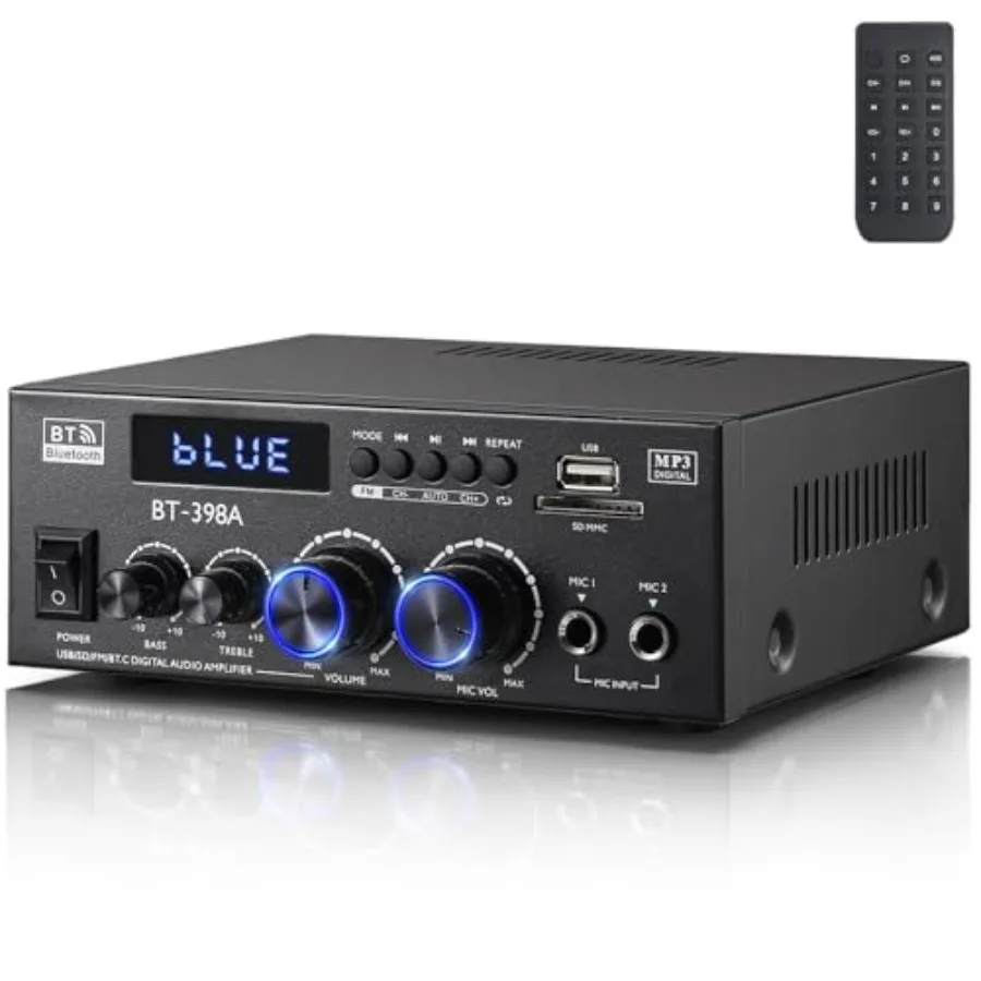 BT-398A Stereo Digital o Amplifier, HiFi Sound o Power Amplifier System, 2.0 Channel Receiver Amp for Home Theater Garage w/Fib