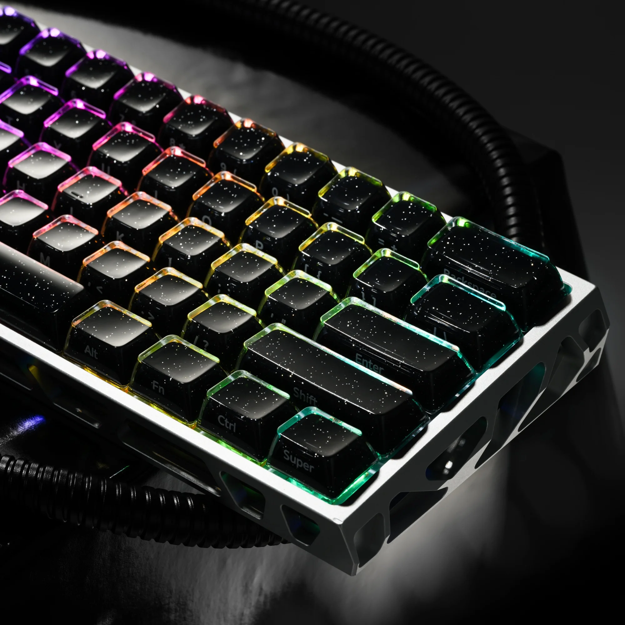 Black Glitter Crystal Keycaps Jelly R2 Side-Print MDA Profile 122-Key Keycap for Cherry Gateron MX Switches Mechanical Keyboard