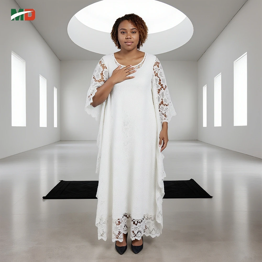 

MD 2025 Elegant African White Clothes Women's Lace Wedding Party Church Robe Bubu Gown Plus Size Muslim BouBou Djellaba Kaftan