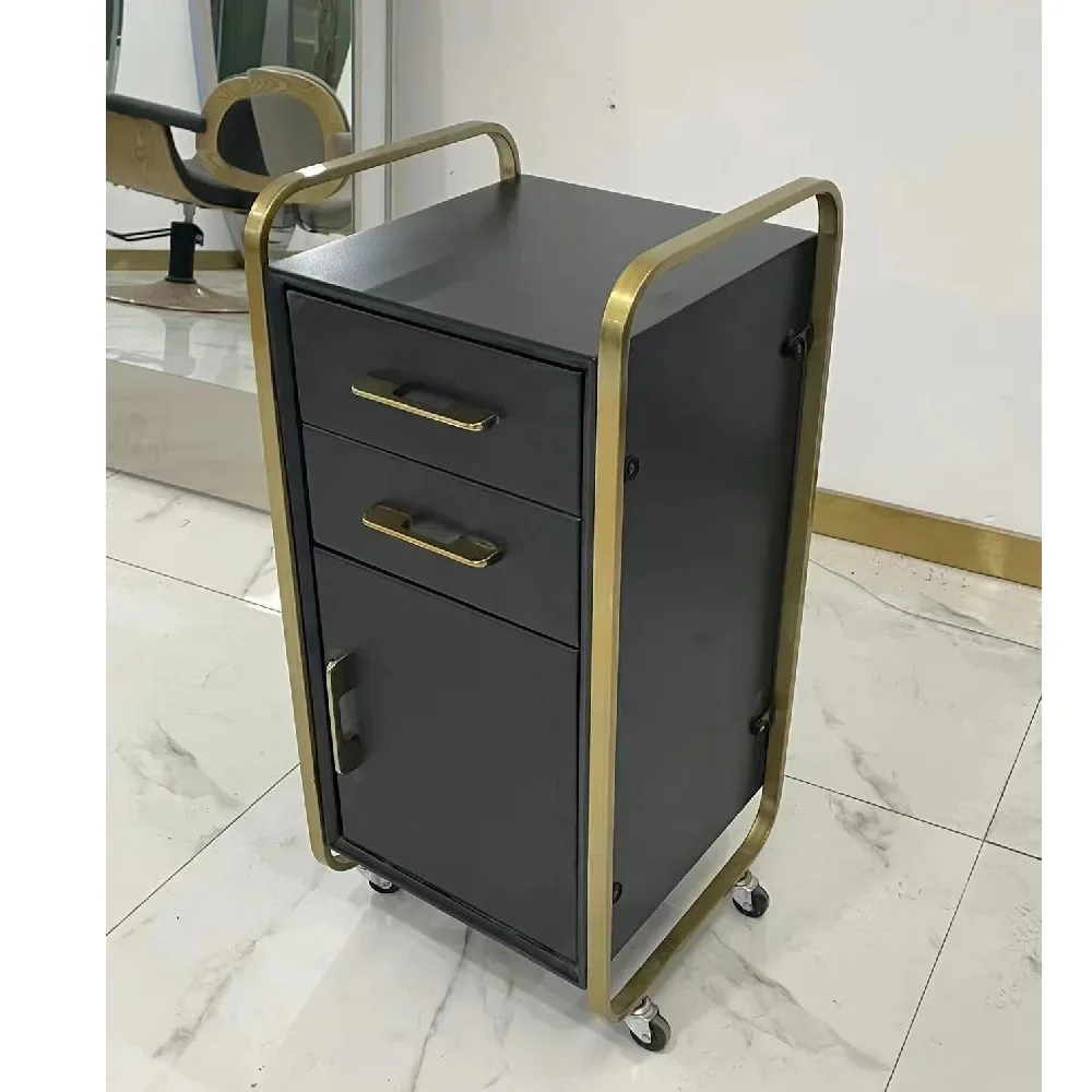 2026 Modern luxury hair barber shop spa beauty salon furniture pink wood and stainless tools hand carts trolley with storage dra