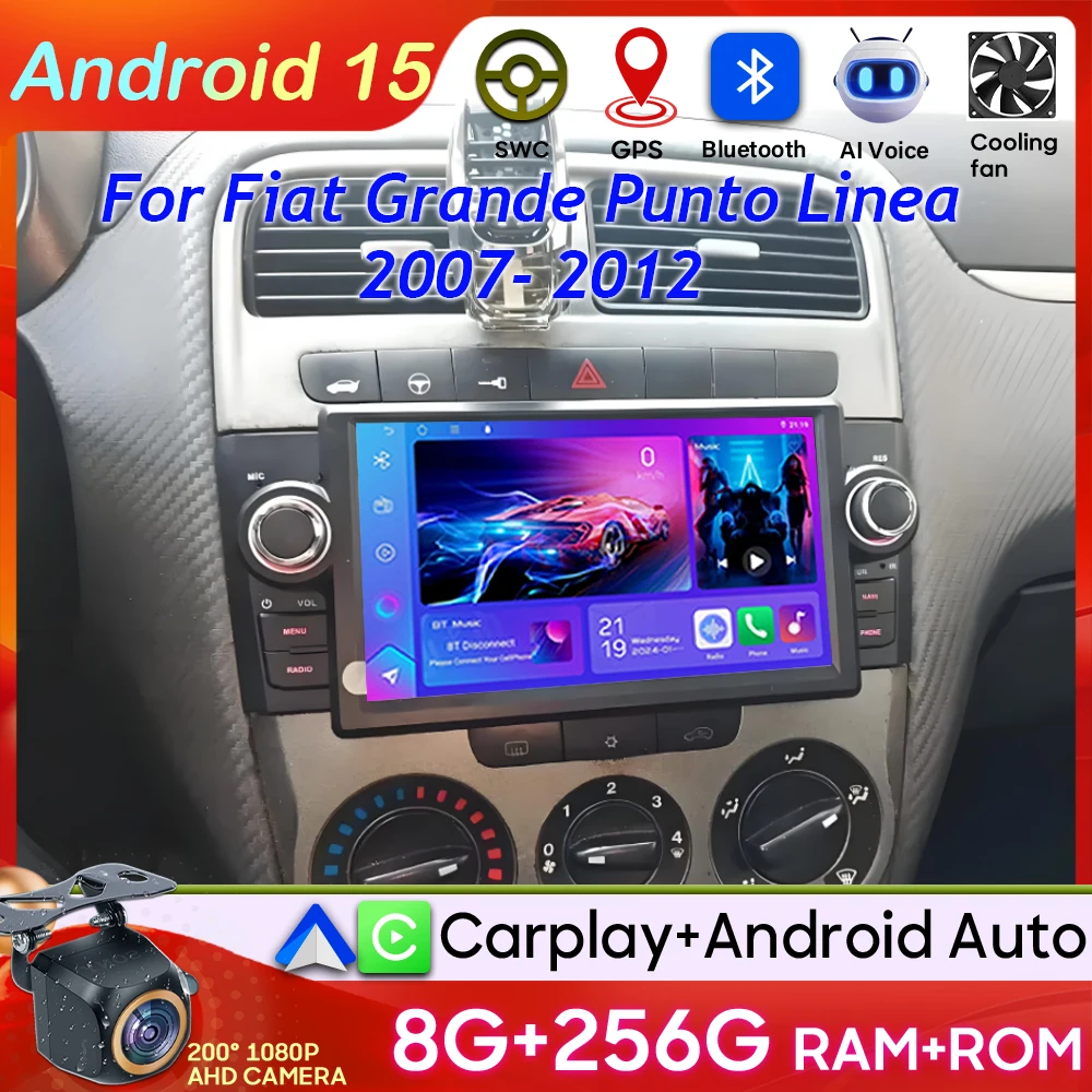 Android 15 para Fiat Grande Punto Linea 2007- 2012 vídeo Radio de coche pantalla navegación GPS BT Carplay 2k GPS Multimedia automotriz