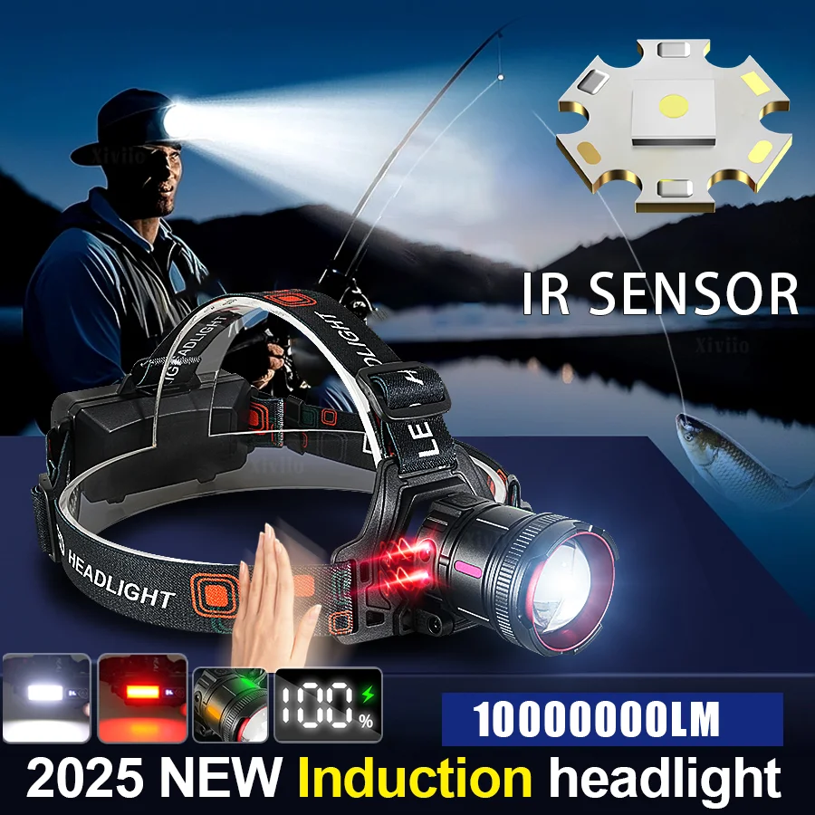 

High Power Rechargeable LED Head Flashlight Super Bright Headlamp with Motion Sensor for Camping Fishing High Lumen Head Torch