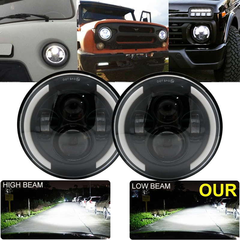 

7Inch LED Headlight Bulbs Fog Light 6000K Running Lights 12V 75W For Car Accessories Angel Eyes Lada Niva 4X4 Uaz Hunter Hummer