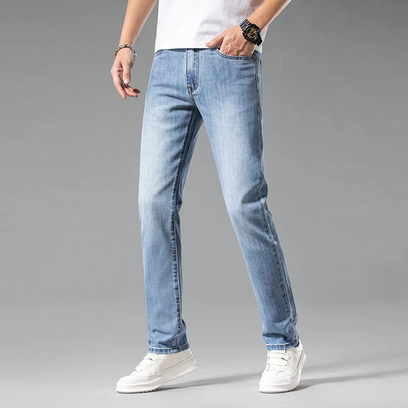 جديد الصيف رجال الأعمال عادية مستقيم الجينز 98% القطن لينة سترتش فضفاض الدنيم السراويل الذكور العلامة التجارية بنطلون