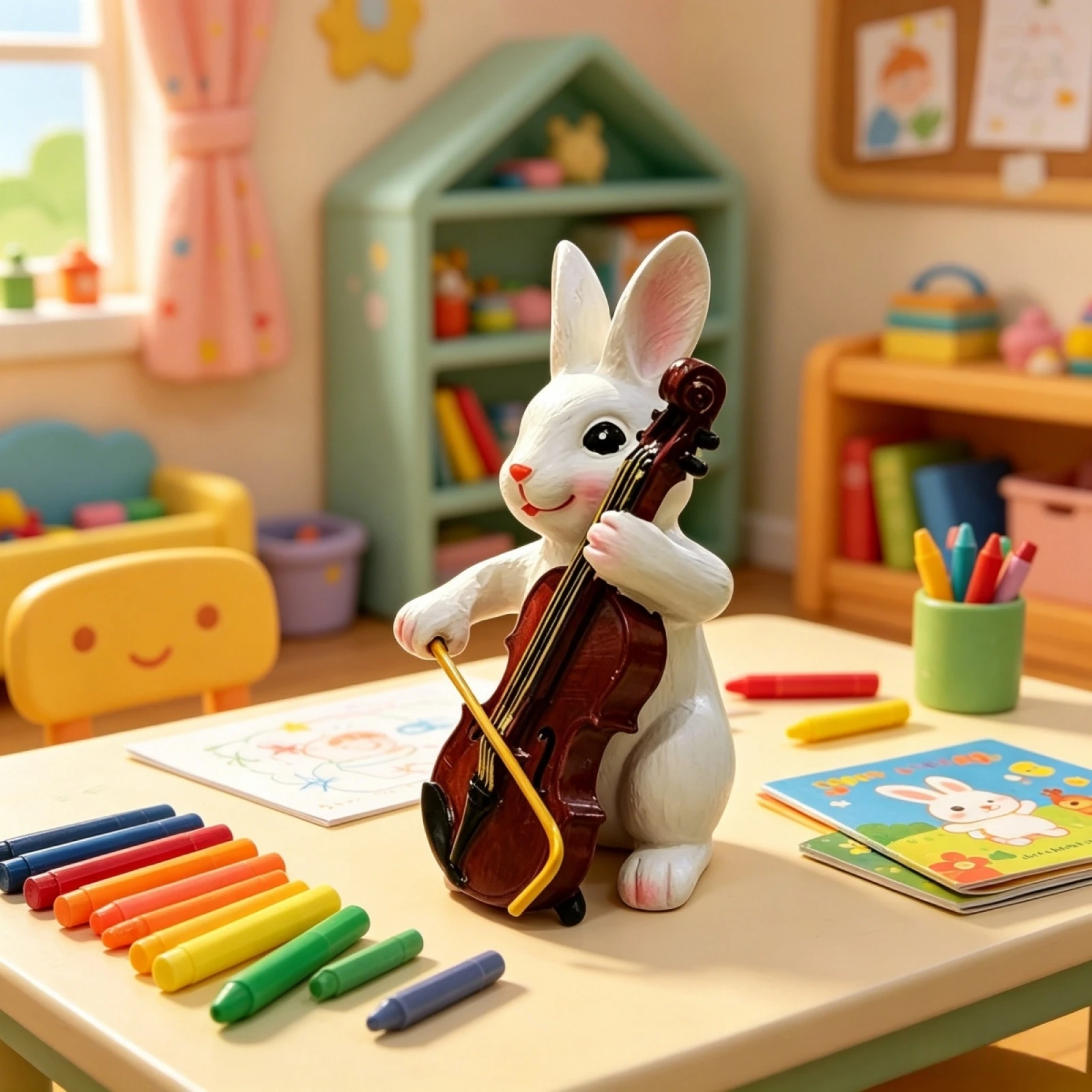 2026 New Easter Resin Rabbit Ornament Adorable Bunny Figurine with Cello for Living Room Bedroom Garden Patio Lawn Figurines