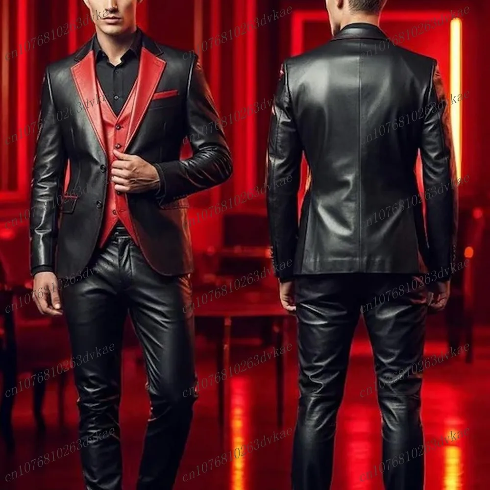 

Черный и красный кожаный мужской костюм для свадебной вечеринки, формальный жених, жених, выпускного вечера, деловые мужские смокинги, комплект из 3 предметов, куртка, жилет, брюки