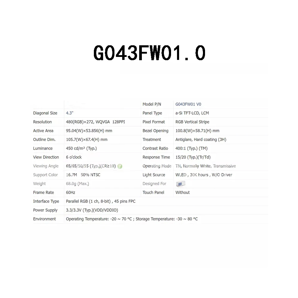 Fully Teste For industrial G043FW01.0 4.3-Inch LCD Display Screen module Panel Original manufacturer