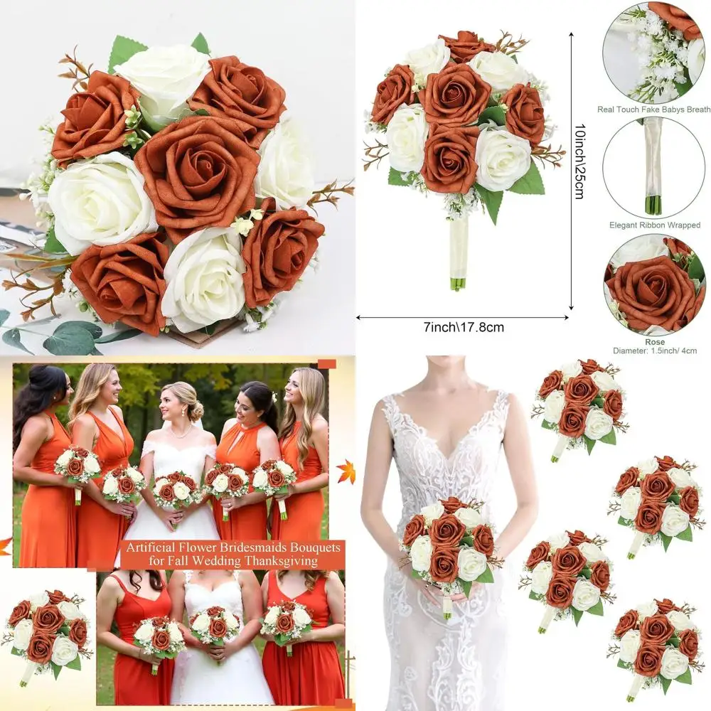 

Набор из 4 искусственных букетов для подружек невесты - 7 роз цвета обожженного апельсина с белой гипсофилой для свадеб и девичников