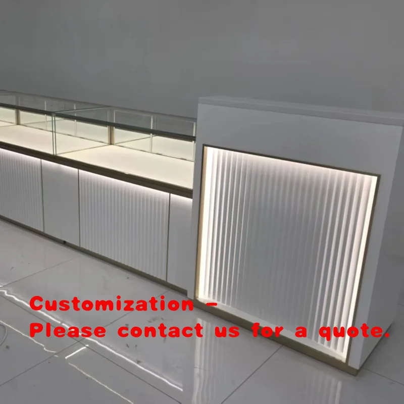 custom.Modern Eco-Friendly Heavy Duty Waterproof Recyclable Retail Jewelry Display Cabinet White Painted Fluted LED Light Showca