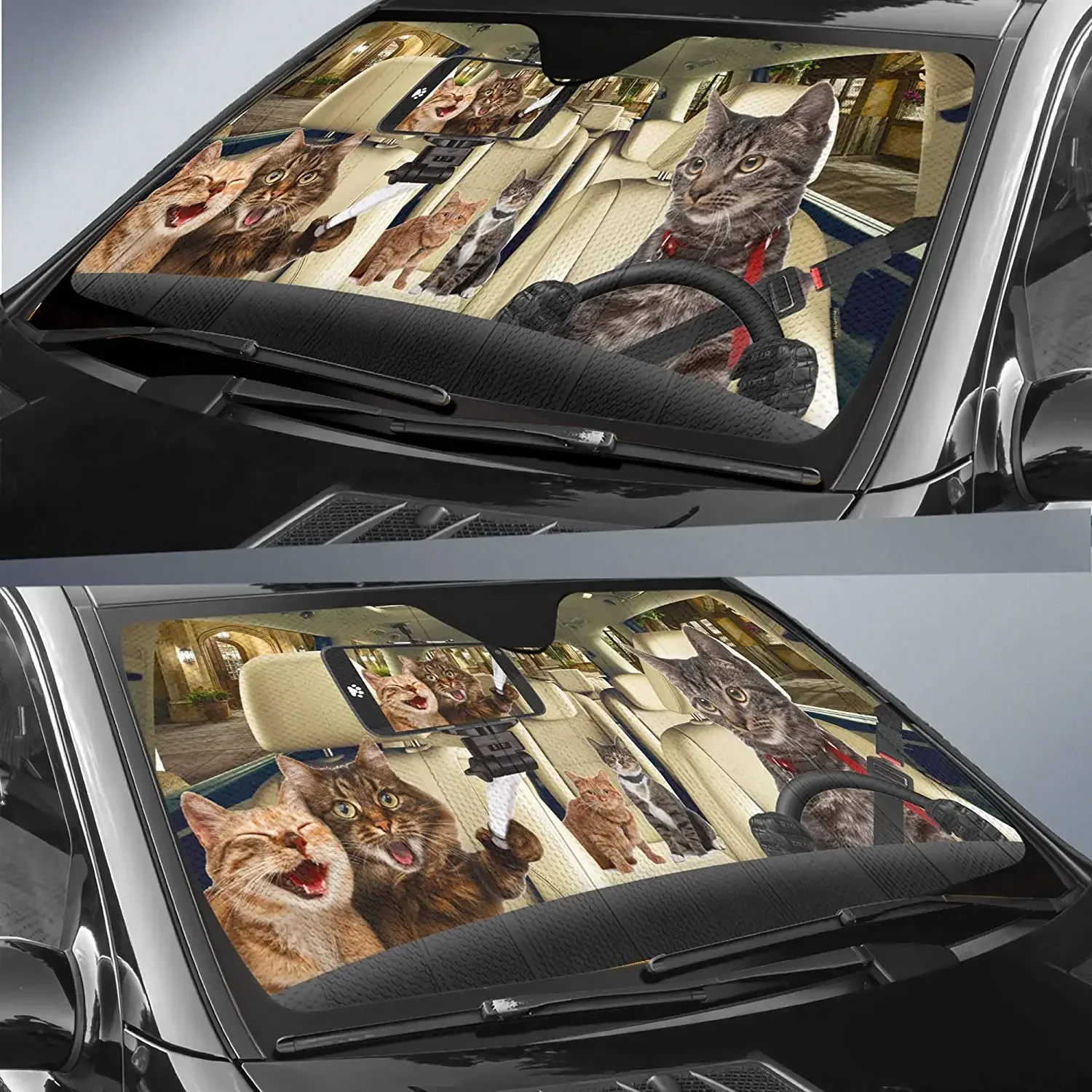 

Selfie Cat Couple Sunshade Tabby Cat Driver Windshield Sun Shade for Car, Funny Amazing Pet Cat Auto Front Window Shade Visor Co