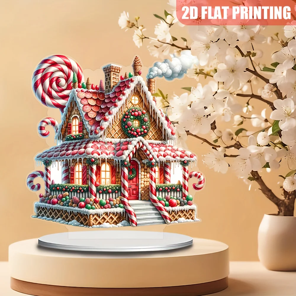 2D 1PCS Gingerbread Candyland House Acrylic Decor Sign Stand English Language Christmas Winter Theme Desk Home Office Decor