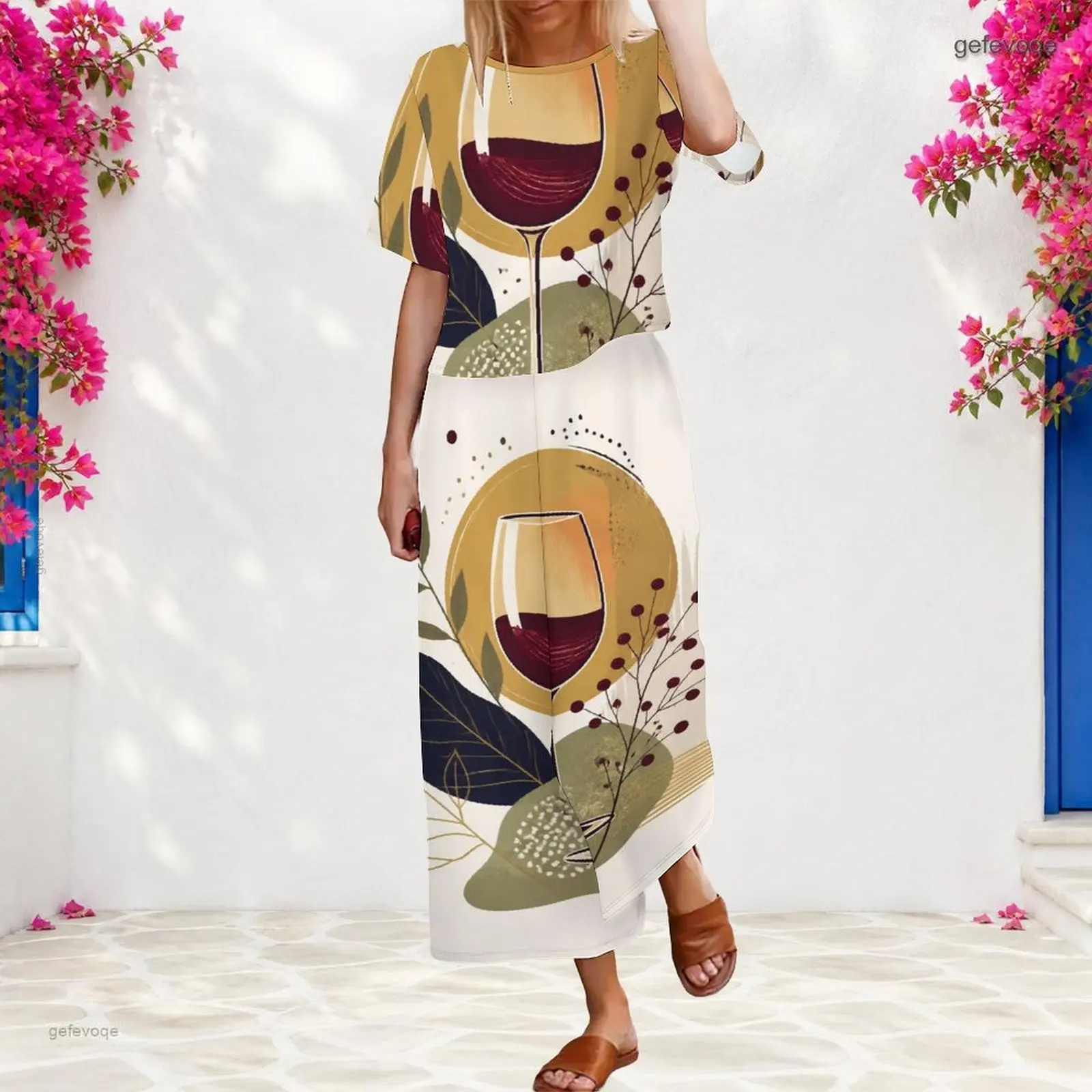 Women 2 Piece Outfit Round Neck Short Sleeve Top With Elastic Waist Wide Leg Pants Set Custom Print Ladies Casual Loungewear