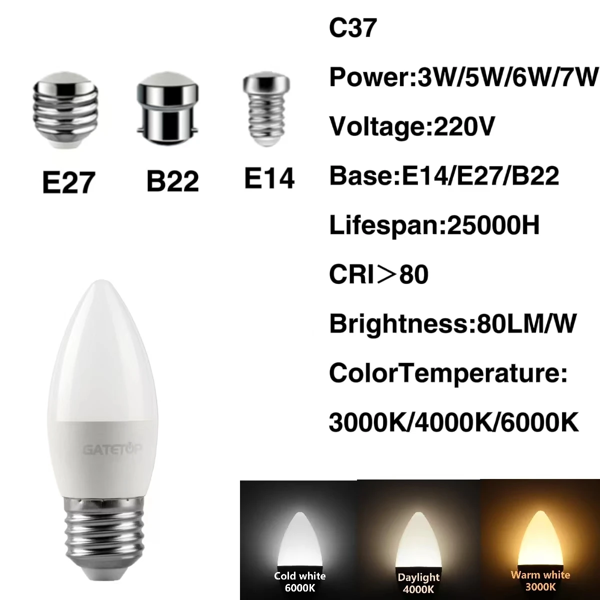 10Pcs 3W 5W 6W 7W 220V Led Bulb C37 E27 B22 E14 Warm White Day White Cold White Lamp For Home Decoration Study Bathroom