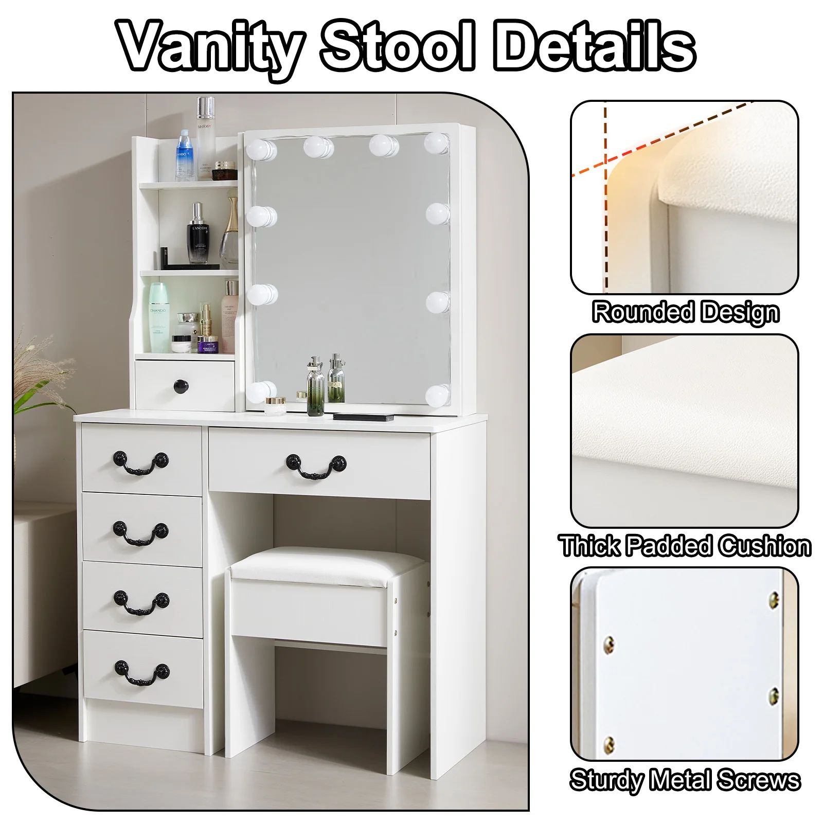 Vanity Chair Dressing Table Stool Makeup Bench Chair Soft Padded Cushion Seat