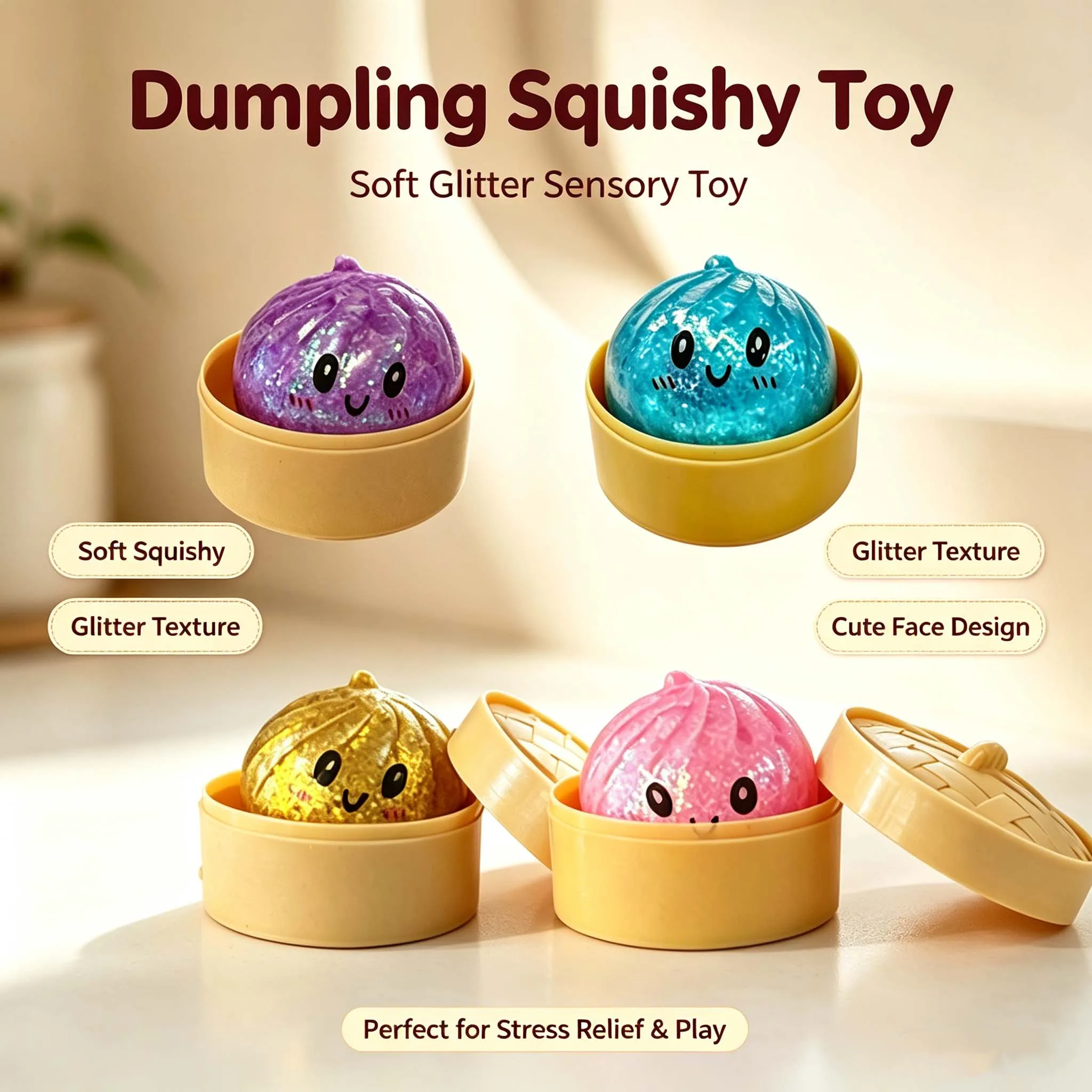 New exquisite hot sale Glitter Dumpling Squishy with Box Dumplings Sensory Squeeze Toy for Stress Relief Fans Birthday Day Gifts