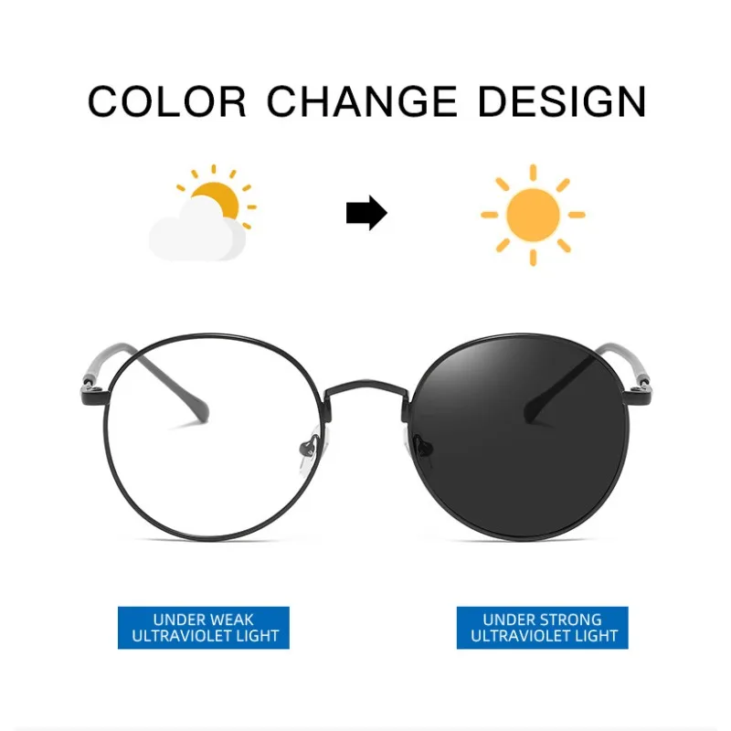 New Round Photochromic Glasses Metal Eyeglass Frame for Men and Women Universal Anti Blue Light Flat Clear Glasses