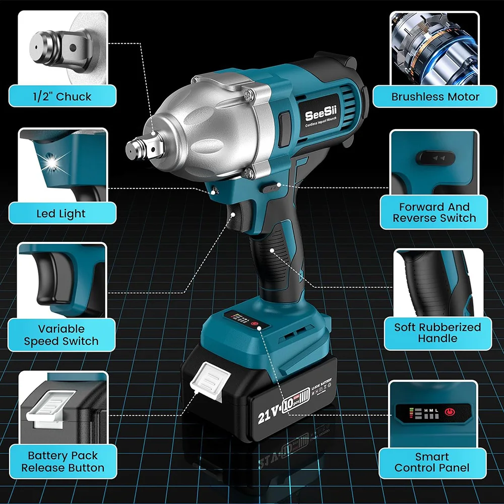 SEESII Impact Wrench 1/2'' 900N.m Brushless Electric Wrench Cordless High Torque Gun Car Home Power Tools for Makita 18V Battery