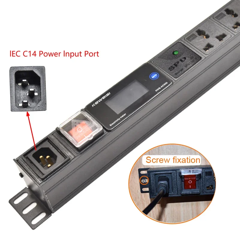 PDU power strip cabinet wall mounted voltmeter, ammeter, power meter, C14 power input, 2-8-way universal socket surge protection