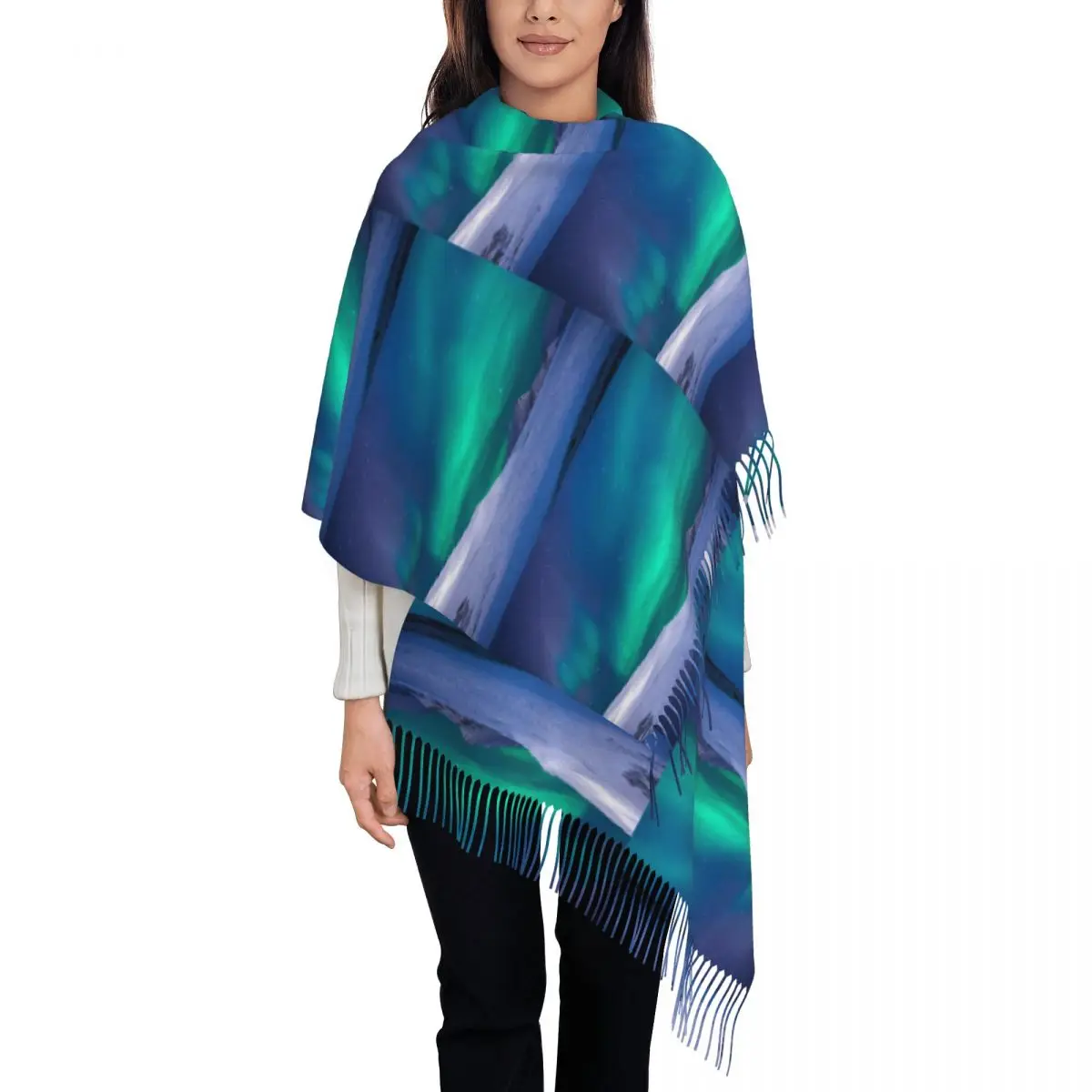 Northern Lights Alaska , Aurora Borealis Winter Snow Scarf Tassel Scarves Women Soft Warm Shawls and Wraps Winter Shawl Wrap