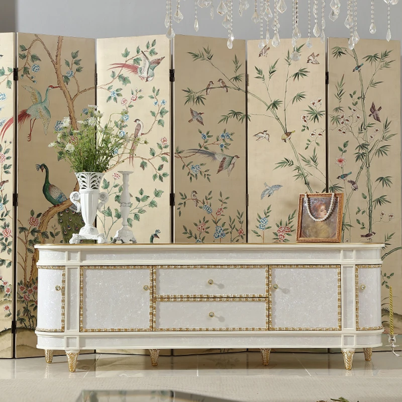 

!@Classic White Mother of Pearl Luxury TV Stand Furniture With Drawers Entrance Cabinet