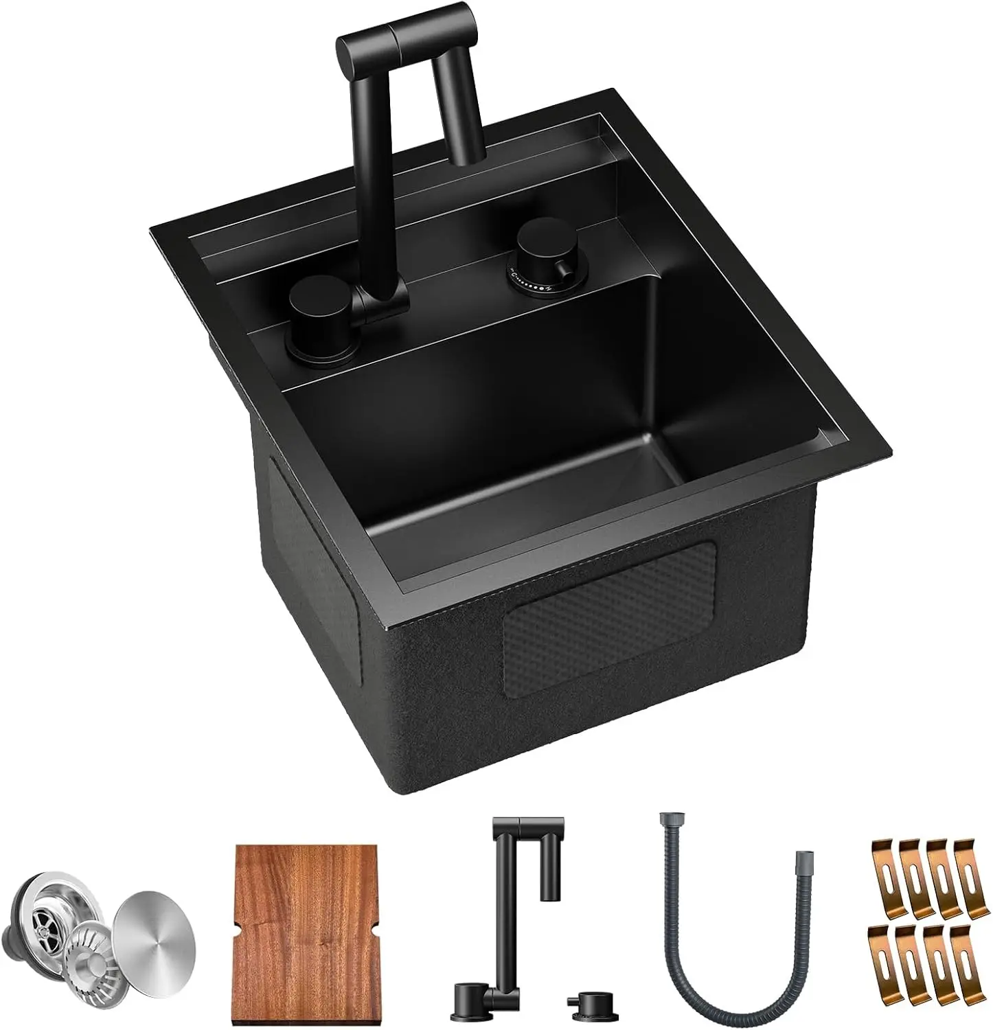 

13x15x9 Inch Undermount Bar Sink, Premium Stainless Steel Single Bowl with Faucet and Cutting Board, Dark Grey