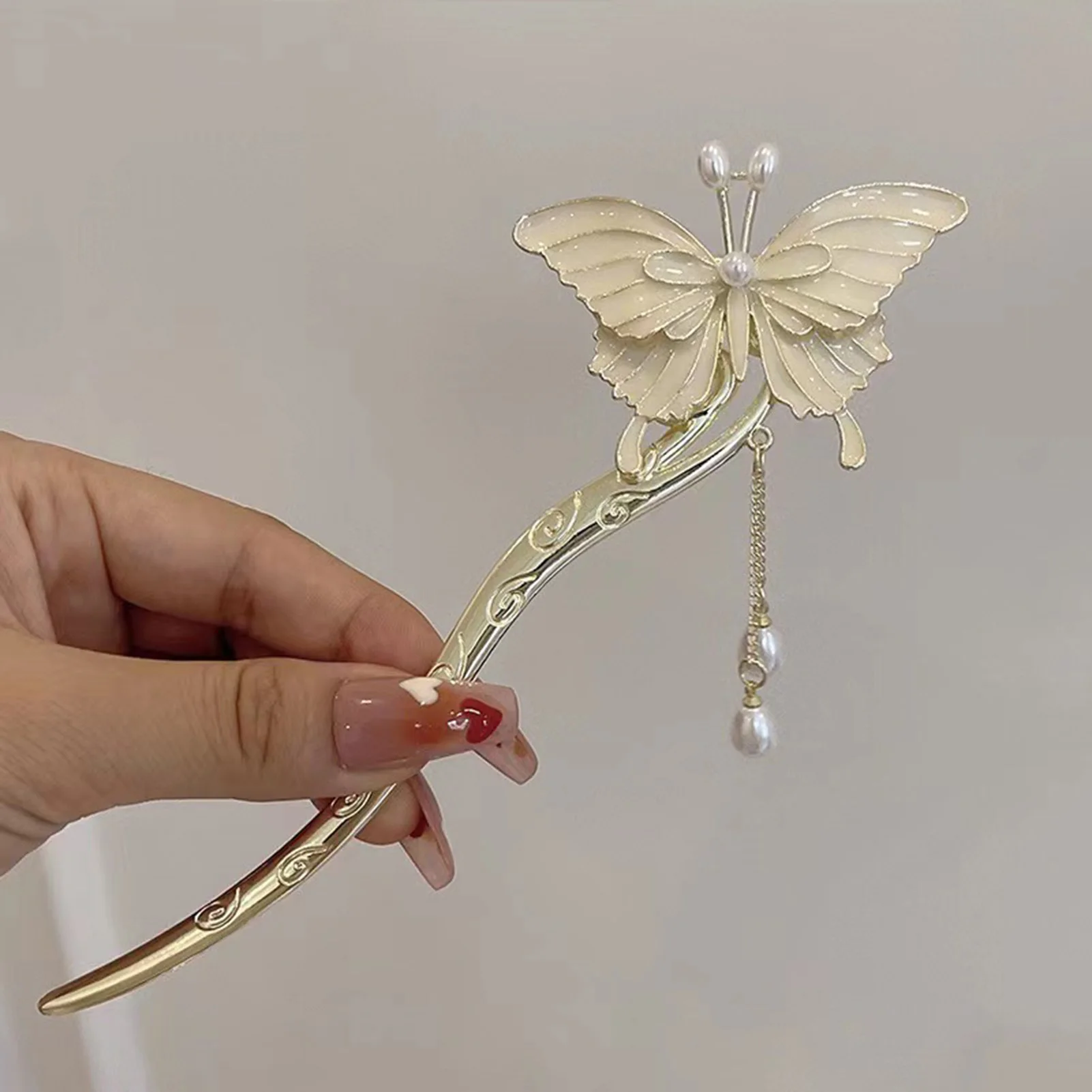 Butterfly Hair Chopsticks with Tassel Silver Plated Prong Updo Chignon Pins with White Pearls for Hair DIY Accessory Hair
