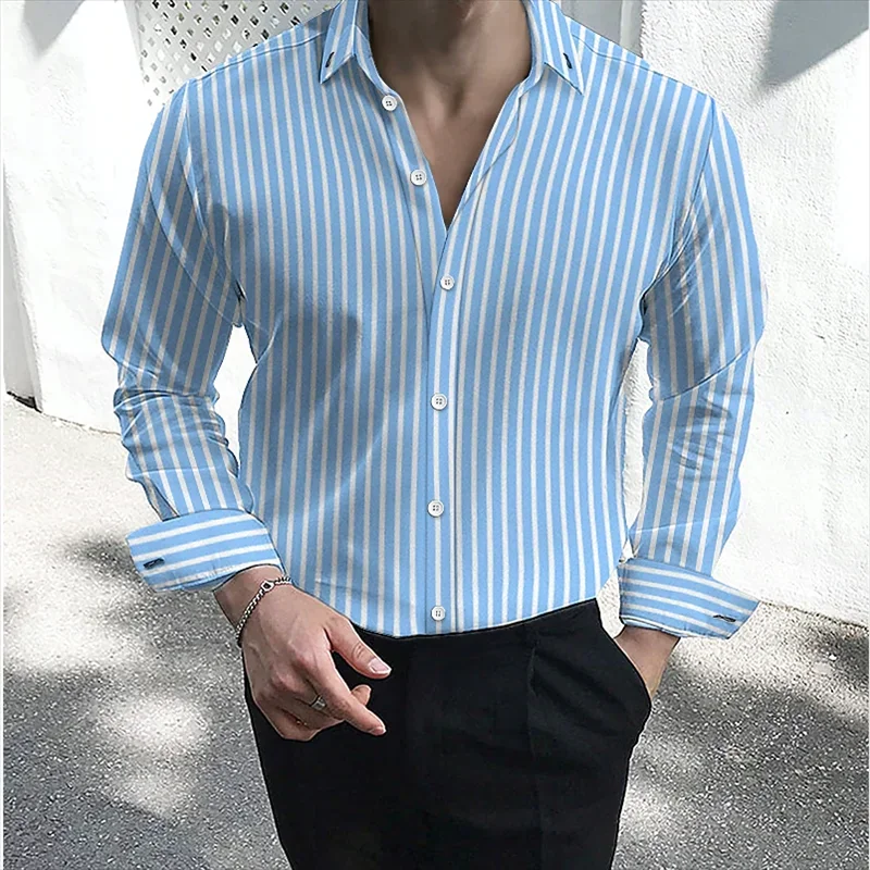 Men\'s formal casual shirt button lapel shirt black and white red long sleeve striped lapel shirt large size XS-6XL