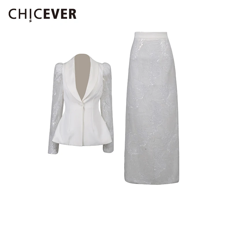 

CHICEVER White Spliced Sequins Two Piece Set Female Lapel Long Sleeve Jacket Temperament Women's Skirt Sets Fashion New Style