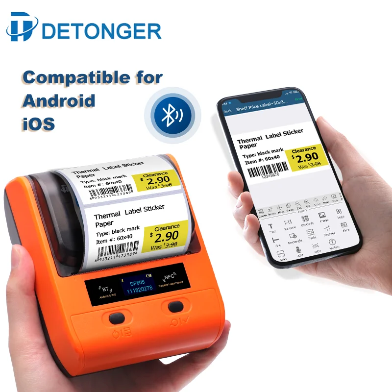 DETONGER DP80S 30-80mm Mini Portable Thermal Printer Multifunctional Barcode Label Sticker Maker BT Android / iOS