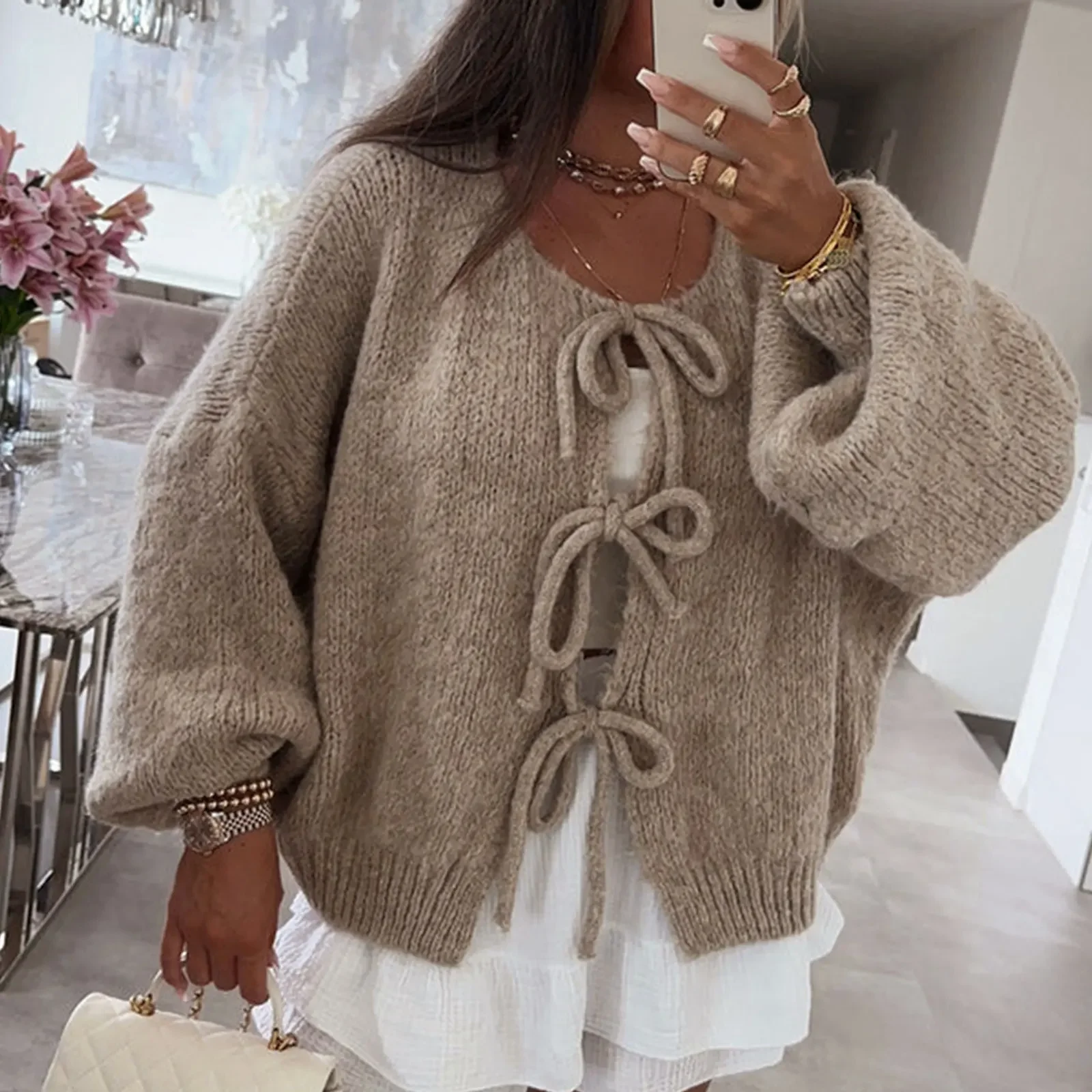 

Dourbesty Women Vintage y2k Sweaters Clothes Fall Tie Front Sweater Solid Color V-Neck Long Sleeve Loose Knitwear Cardigan Tops