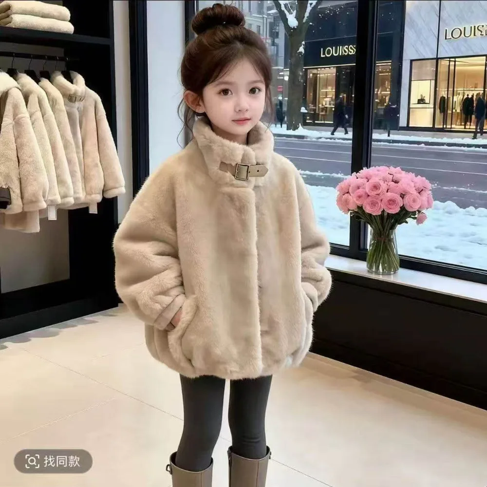New Winter Girls Fleece‑Lined Coat, Stand Collar Thick Warm Fuzzy Sweater Jacket, Stylish Versatile Tops For Girls