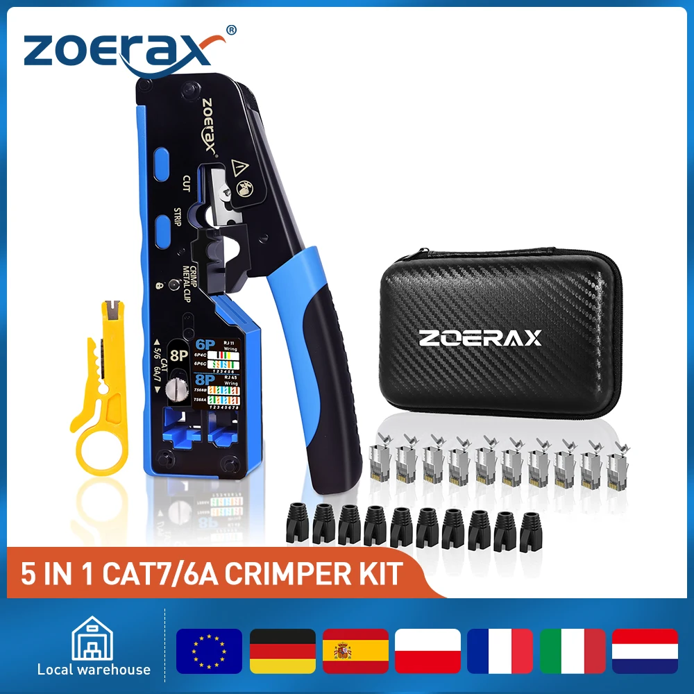 ZoeRax 5 en 1 Kit de connecteurs CAT7 CAT6A RJ45 avec outil de sertissage, 10 connecteurs et couvercles de passage CAT7/6A, dénudeur, lames