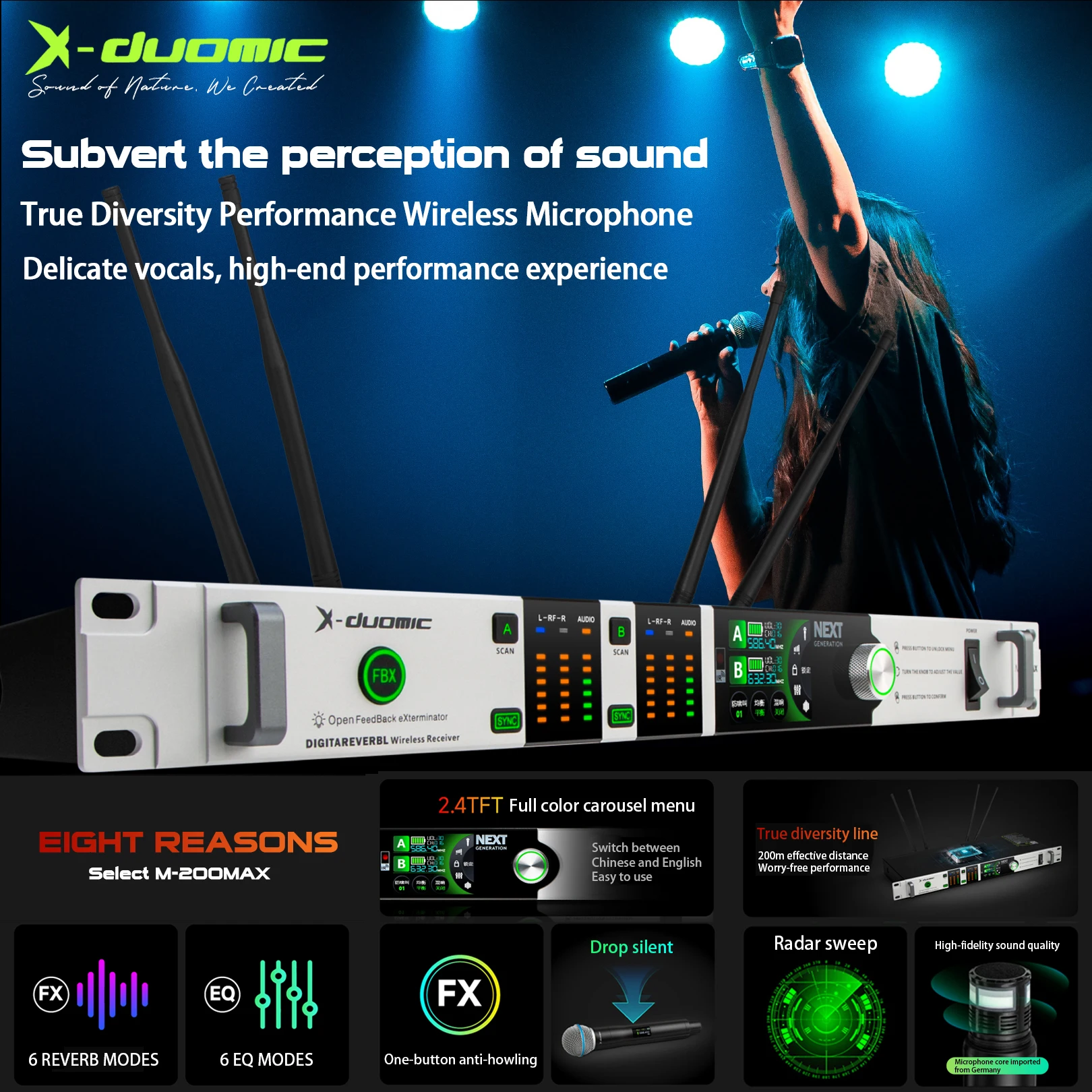 X-DUOMIC true diversity wireless microphone singing stage high-end performance U section 200 meters distance FX+EQ+FBXmicrophone