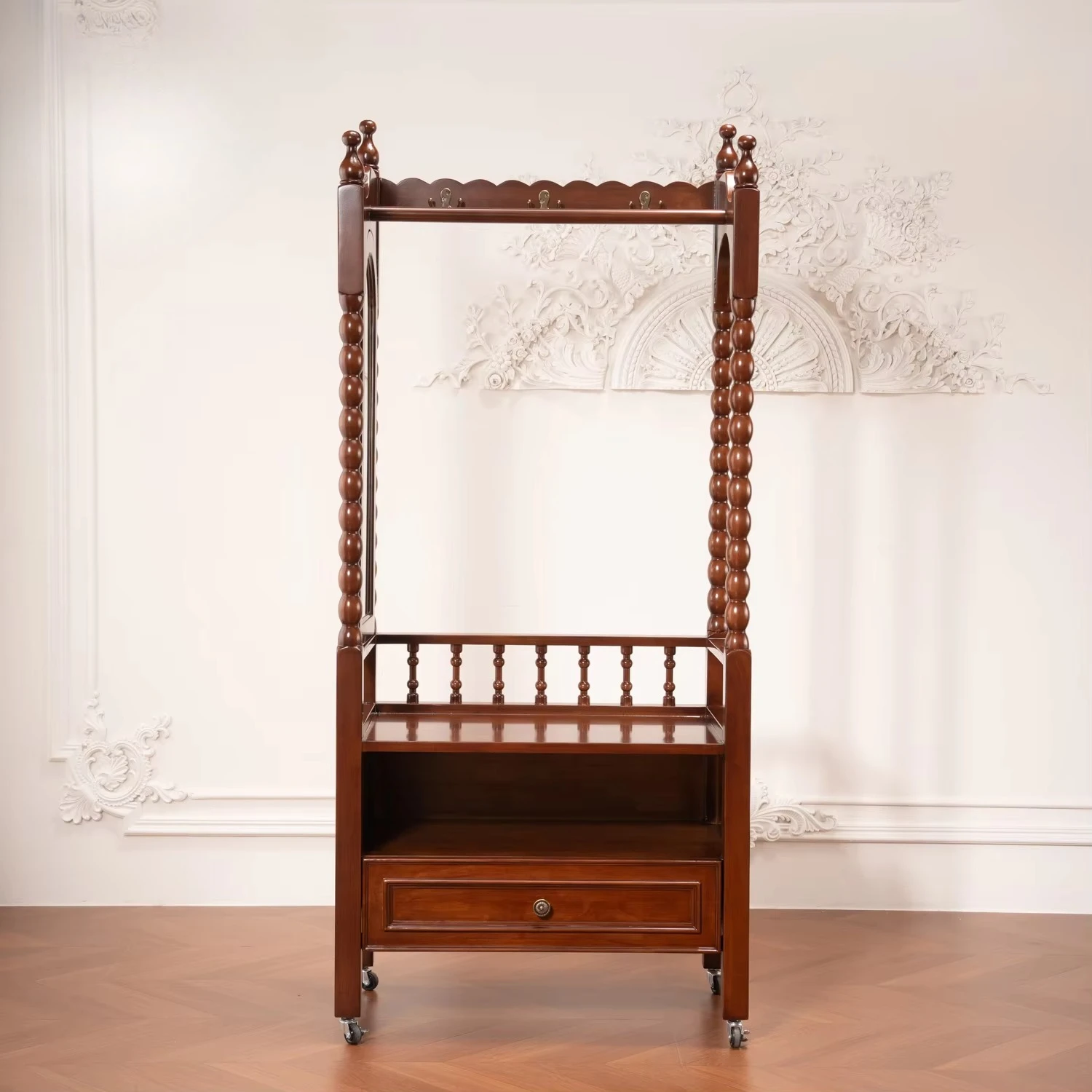 Retro solid wood integrated multi-functional storage rack floor-to-ceiling hanger bedroom cabinet with drawers