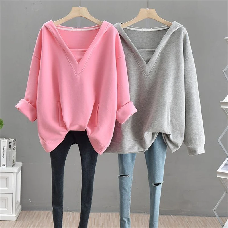 Women Trendy Simple Casual Oversized Streetwear Hooded Sweatshirts Autumn Solid Long Sleeve Pullover Tops Female Pockets Hoodies