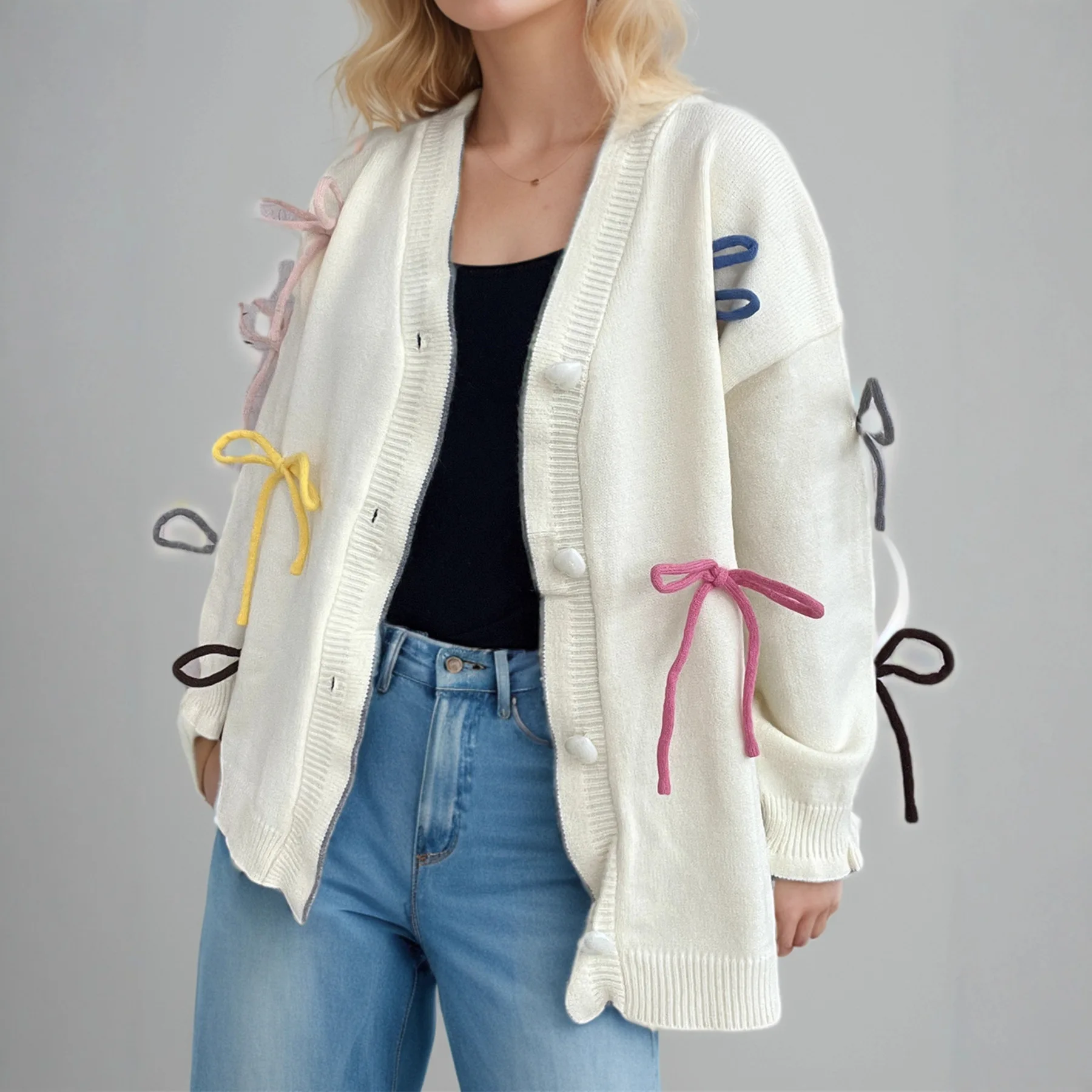 

Pink Bow Lazy Style Sweater for Women 2025 New Autumn Winter Loose Sweet Knitted Cardigan