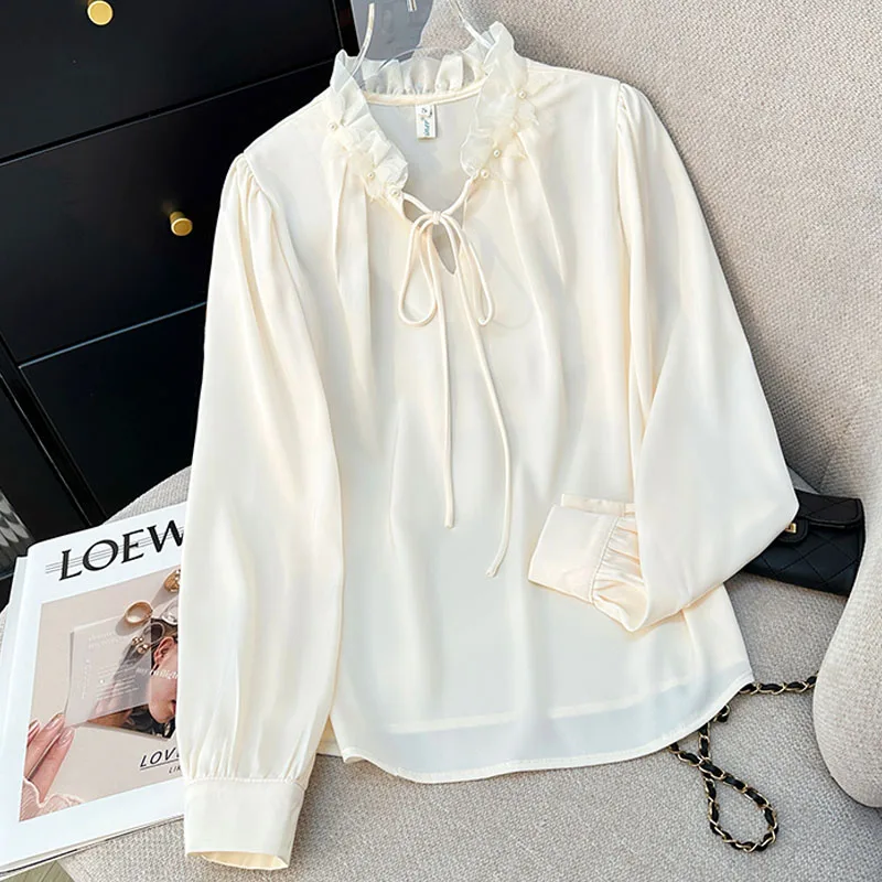 

Women Blouse Shirt Fashion Long Sleeve Ruffled Collar Lace-up Beading Blouse Shirt Women Tops Blouses Shirts Blusas Camisas Q515