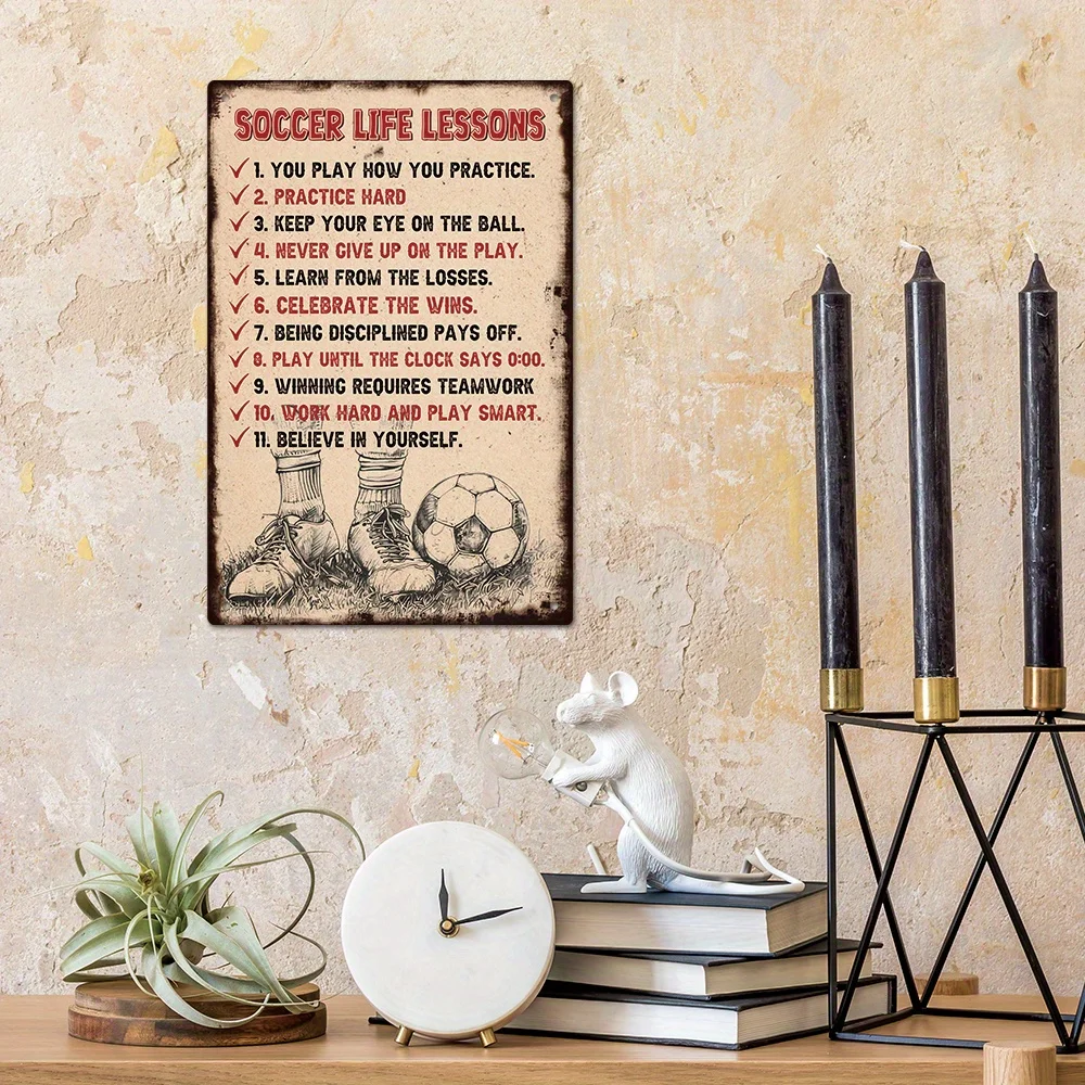 Football Life Lessons Retro Metal Tin Sign - Inspirational Wall Art Decoration for Home, Farmhouse, Football Field - Ideal Gift