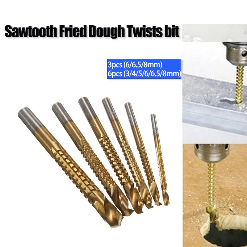 3/6 Stück Titanbeschichtetes HSS-Bit-Sägezahn-Multifunktions-Bohrwerkzeug für gebratenen Teig, gedreht, für Holz, dünnes Metall, Kunststoff, 3/4/5/6/6,5/8 mm