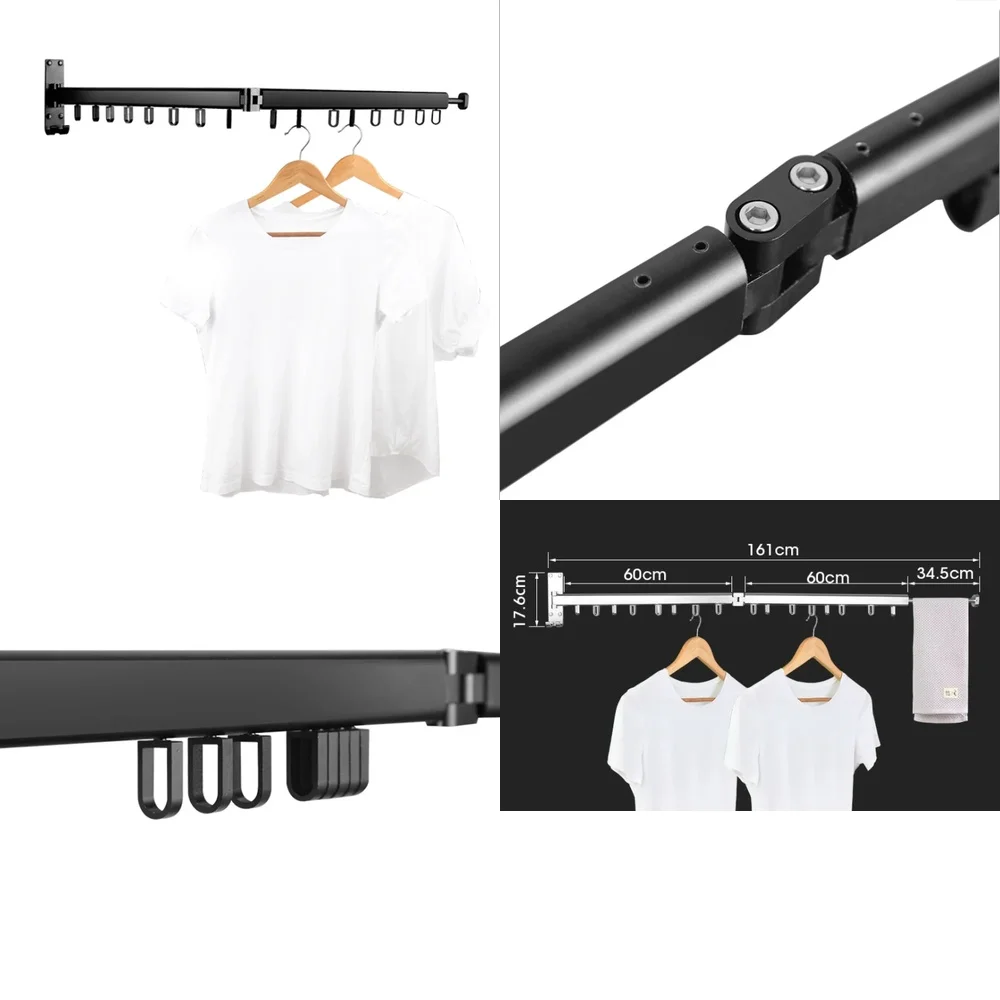 Black Multifunctional Indoor Foldable Hat Rack for Wall Mounted Balcony Clothes Drying Rail Stretchable Clothes Stand for